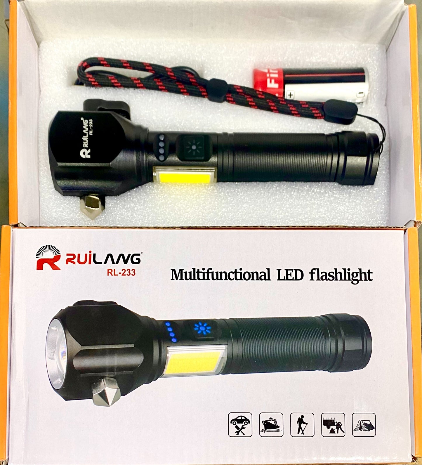 Ruilang RL-233 LED Torch – Power Bank, Police Light & 1KM Beam Range